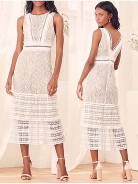 NWT Lulus Garden Soirée White Lace Sleeveless Tiered Midi Dress